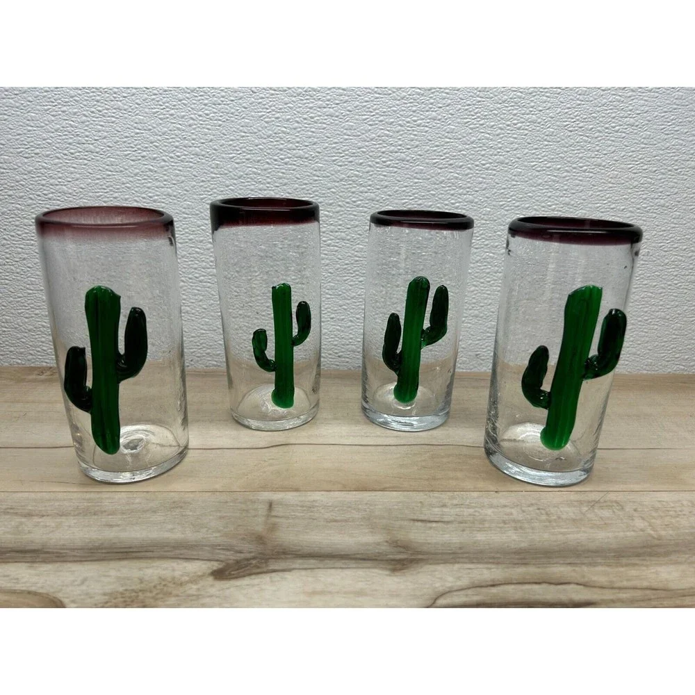 Vintage Set Of 4 Hand Blown Cactus Applique Clear Drinking Glasses Purple Rim